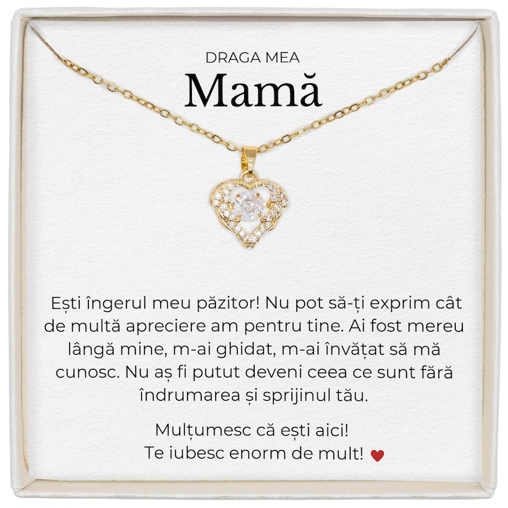 Colier Cadou Pentu Mama, Colier True Love, Placat Cu Aur, Piatra Zirconiu, Mesaj De Dragoste Pentru Mama, Lungime 39+5cm