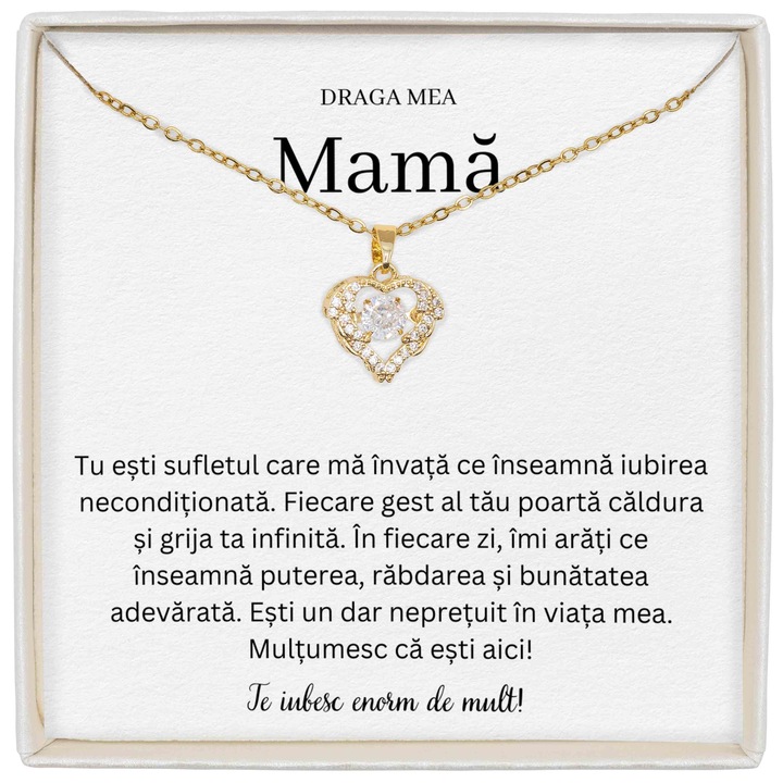 Cadou Pentu Mama, Colier True Love, Placat Cu Aur, Piatra Zirconiu, Mesaj De Dragoste Pentru Mama Ta, Lungime 39+5cm