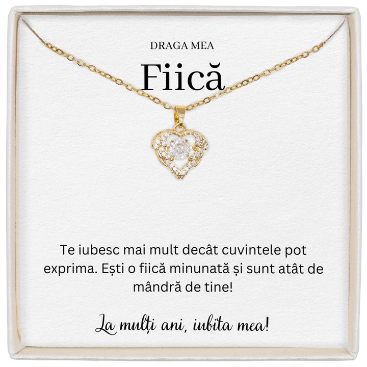 Cadou Pentu Fiica, Colier True Love, Placat Cu Aur 14K, Piatra Zirconiu Mobila, Mesaj De Iubire Pentru Fiica Ta, Lungime 39+5cm