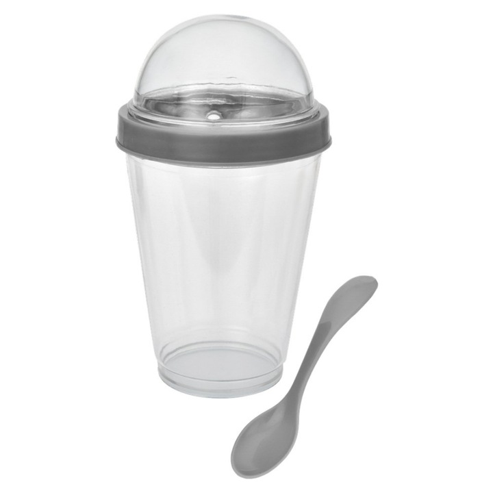 Recipient Pentru Iaurt, Openhome, Pahar Pe Etaje Cu Lingura Si Capac, Ideal Pentru Scoala Si Serviciu, Confortabil In Calatorii, Se Poate Spala In Masina De Vase, 350 Ml, Gri