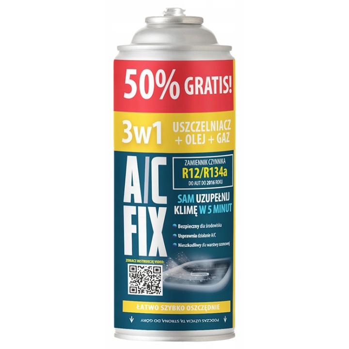 A/C FIX 3 in 1 – Agent frigorific R134a cu ulei + etansant, 235g (echiv. 626g), pentru vehicule 1994–2016