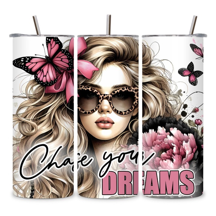 Cana Termos, Cu Capac si Pai Reutilizabil, Inox, Durabilitate Extrema, Izolatie Eficienta, Capacitate 600ml, Mesaj "Chase your dreams"