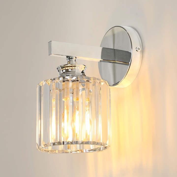 Кристална стенна лампа, Toollight, E27, Хром, Кръгла, 24×12×18 см, За хол, коридор, трапезария, антре, Източникът на светлина не е включен