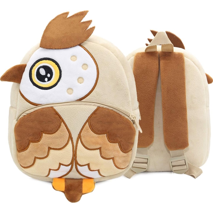 Детска раница AYSTOAYS®, Плюш, Модел Бухалчета, Регулируеми презрамки, Мека плюшена раница за деца в предучилищна възраст, детска градина, ясла, Кафяв