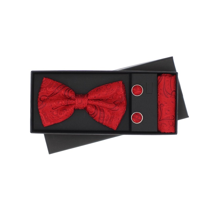 Set papion, butoni si batista, ButicCochet, rosu, 12x7cm, 21x21cm