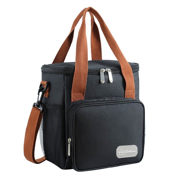 Изолирана чанта за храна/напитки, 25x22x15 см, къмпинг хладилна чанта, PEVA, водоустойчива, XTO, Черен