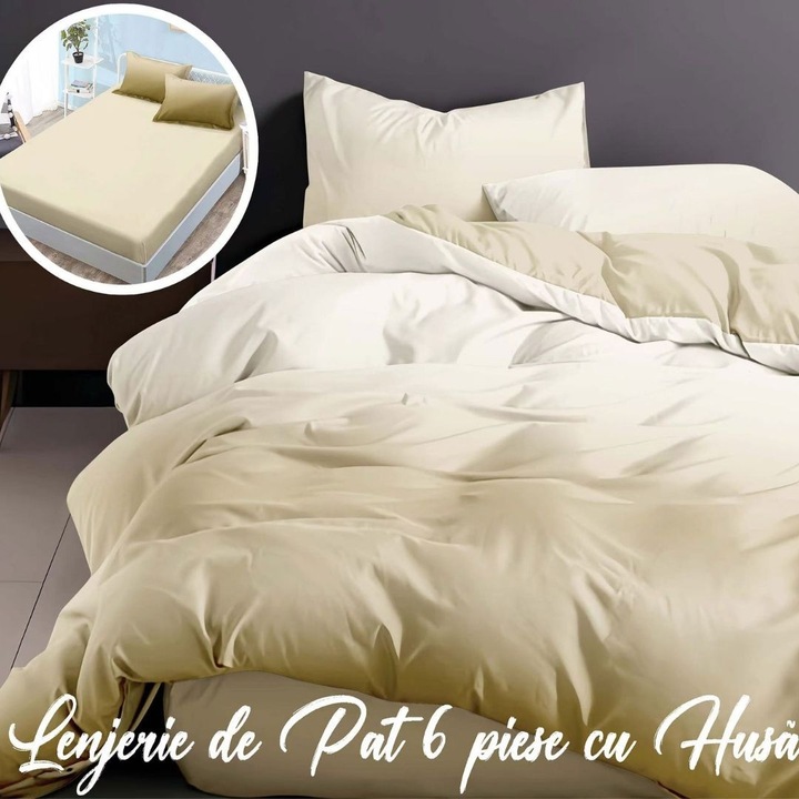 Lenjerie pat dublu NufJoy, Enjoy Life, 6 piese, Bumbac Finet, Crem, 160x200cm/180x200cm, 200x230cm, 2x50x70cm, 2x70x70cm