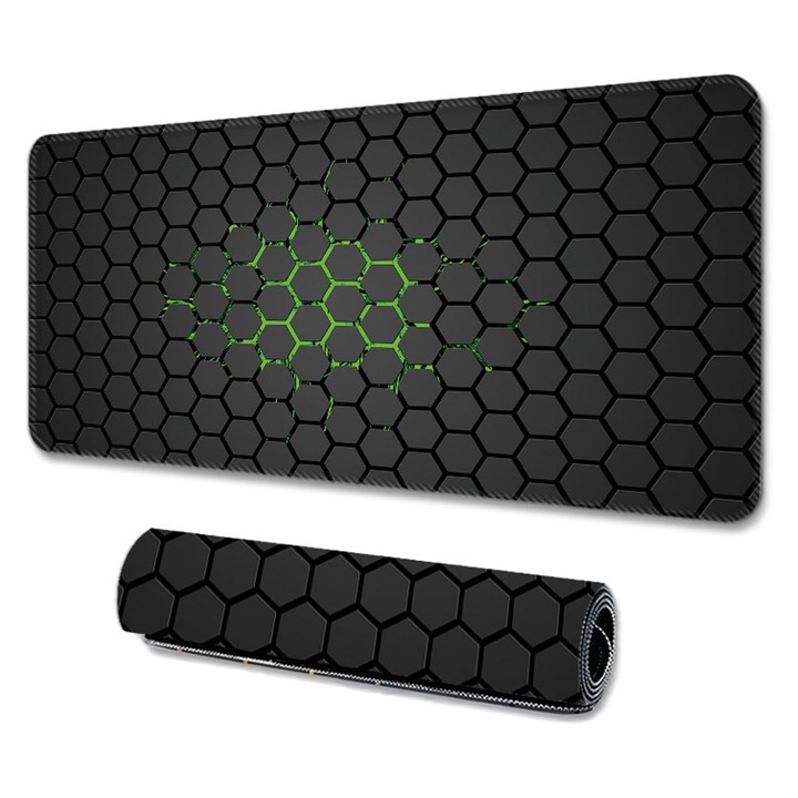 Mousepad gaming profesional 3D, Axroad Mall, Cauciucat, Rezistent la apa, Viteza alunecare marita, Stabilitate, Anti-derapant, Cusaturi anti-rupere, Eficienta, Model fagure, Pentru protectie birou, 80x30 cm, Negru-Verzui