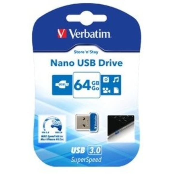 Stick USB 3.0 Verbatim Store 'n' Stay NANO 64GB Albastru