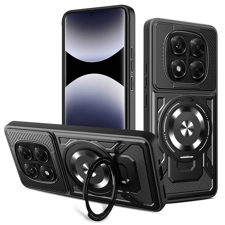 Кейс за Xiaomi Redmi Note 14 Pro+ Plus / Note 14 Pro 5G TitanX HaloStand Pro с магнитен въртящ се пръстен 360° стойка с карбонова текстура и защита на лещата - черен