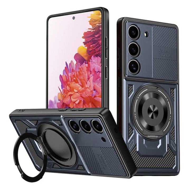 Samsung Galaxy S20 FE TitanX HaloStand Pro tok mágneses forgógyűrűvel, 360°-ban forgatható állvánnyal, karbon textúrájú lencsevédelemmel - kék