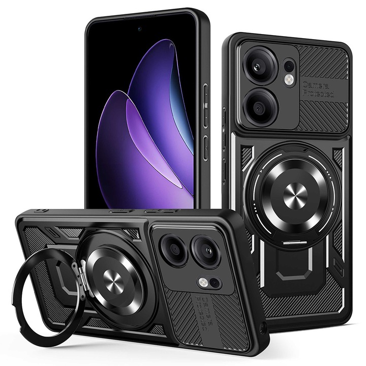 Oppo Reno 13F 13FS 4G 5G TitanX HaloStand Pro telefontok mágneses forgógyűrűvel, 360°-os kihajtható állvánnyal, karbon textúrájú lencsevédővel - fekete
