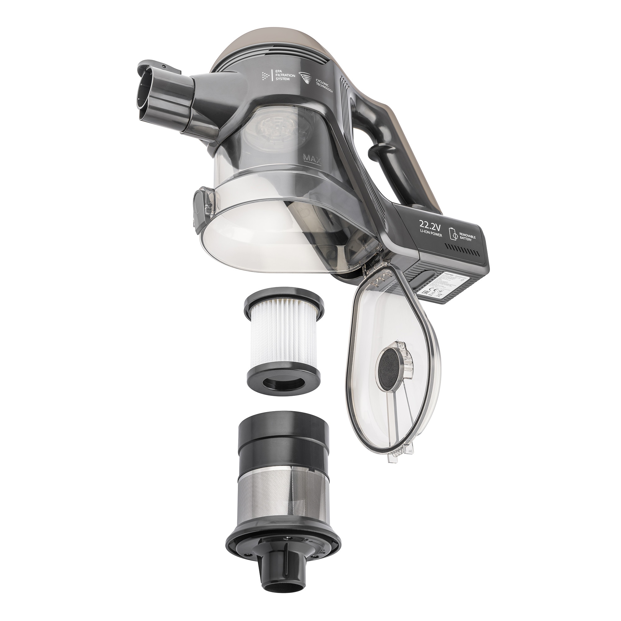 Aspirator vertical fara fir Zelmer ZSVC510, 130W, 2200 mAh, doua trepte de viteza, filtru EPA 12, autonomie pana la 40 min, perie electrica cu lumina LED, recipient de praf de 0.8 l, negru/gri