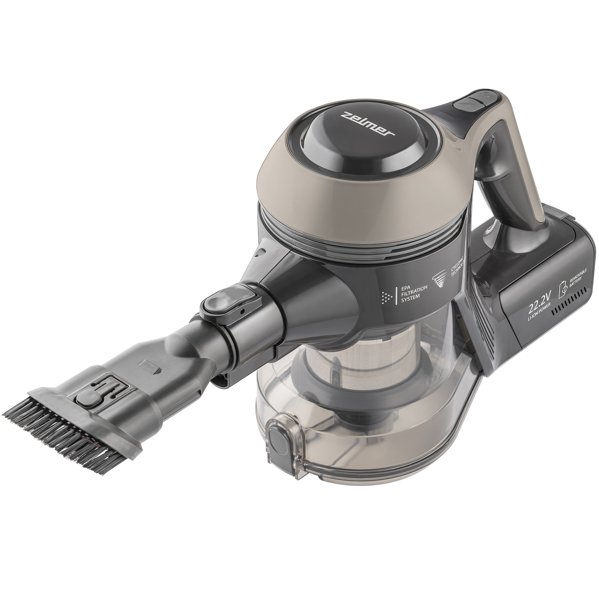 Aspirator vertical fara fir Zelmer ZSVC510, 130W, 2200 mAh, doua trepte de viteza, filtru EPA 12, autonomie pana la 40 min, perie electrica cu lumina LED, recipient de praf de 0.8 l, negru/gri