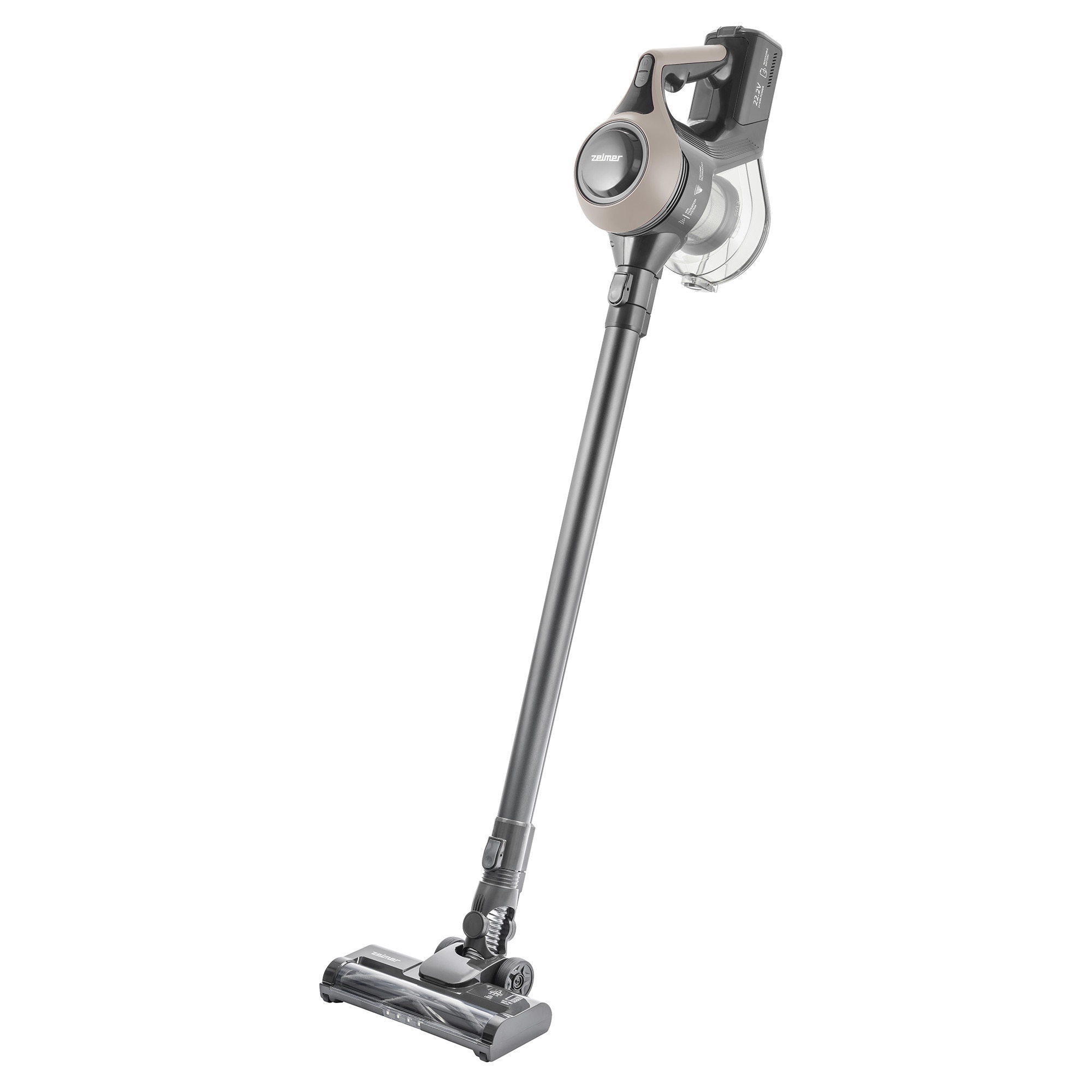 Aspirator vertical fara fir Zelmer ZSVC510, 130W, 2200 mAh, doua trepte de viteza, filtru EPA 12, autonomie pana la 40 min, perie electrica cu lumina LED, recipient de praf de 0.8 l, negru/gri
