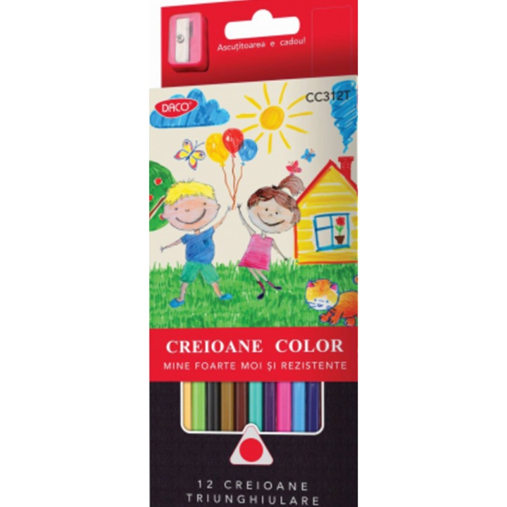 Creioane colorate Daco, triunghiular, 12 culori, set