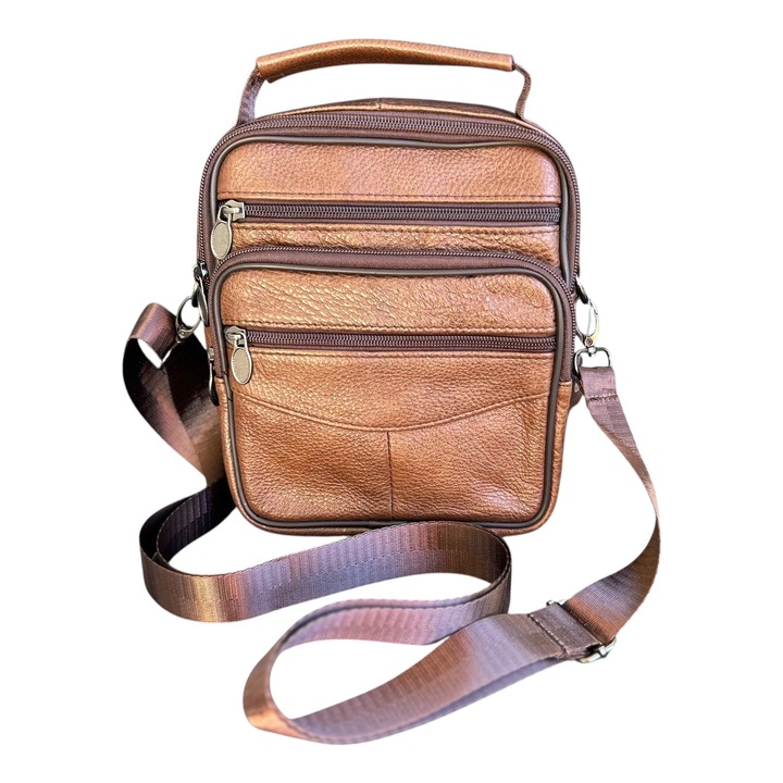 Geanta pentru barbati tip borseta, Dady, din piele naturala, 21x17x8, 5 cm, maro deschis, marime medie