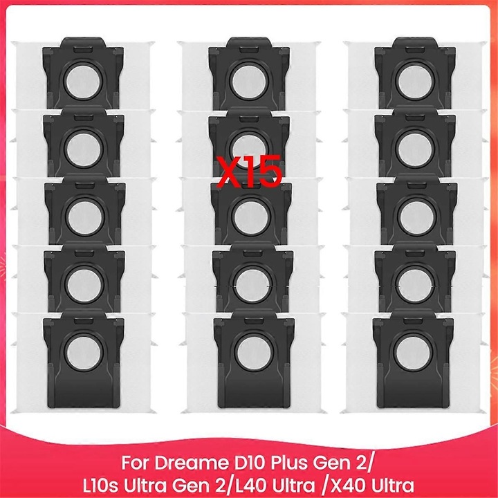 Торбички за прах за прахосмукачки Dreame D10 Gen 2/l10s Ultra Gen 2/l40 Ultra/x40 Ultra, комплект от 15 броя, нетъкан текстилен материал