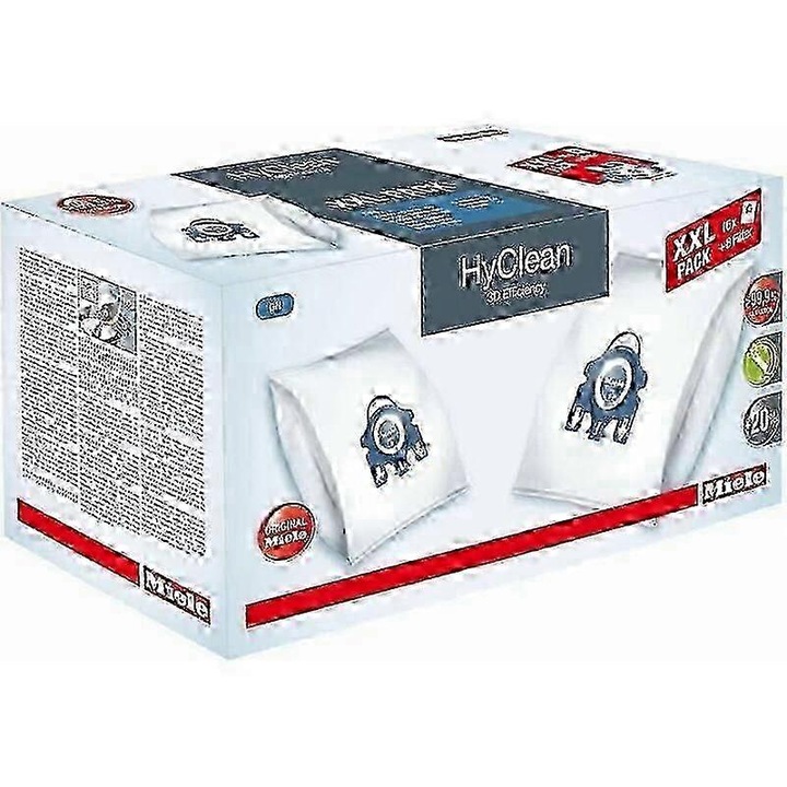 Porszívózsákok / porszívó porzsákok HyClean 3D Efficiency Miele GN-hez, kompatibilis a Complete C2/C3/Classic C1/S8/S5/S2 modellekkel, 99,9%-os finom részecske szűrés, automatikus záródással, Fehér, 16 darab