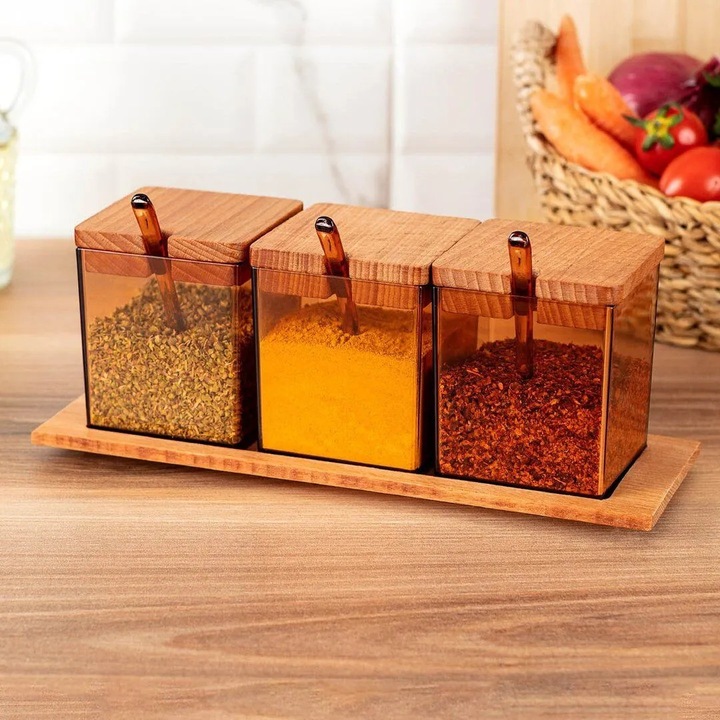 Set 3 recipiente pentru condimente Geraldin, Madame Coco, ambra, 9x25.5x11.5 cm