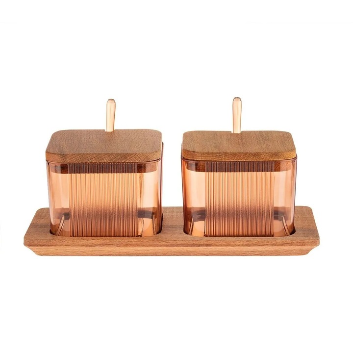 Suport condimente 2 piese, Madame Coco, capac din lemn, ambra, 25.7x12x9.5cm