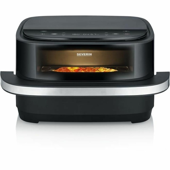 Friteuza cu aer cald Severin, S-Pizza&More, 2100 W, capacitate 4 litri, fara ulei, temperatura ajustabila 40-230°C, timer, panou control mecanic, oprire automata, semnal sonor, incalzire rapida, consum redus, curatare usoara, negru