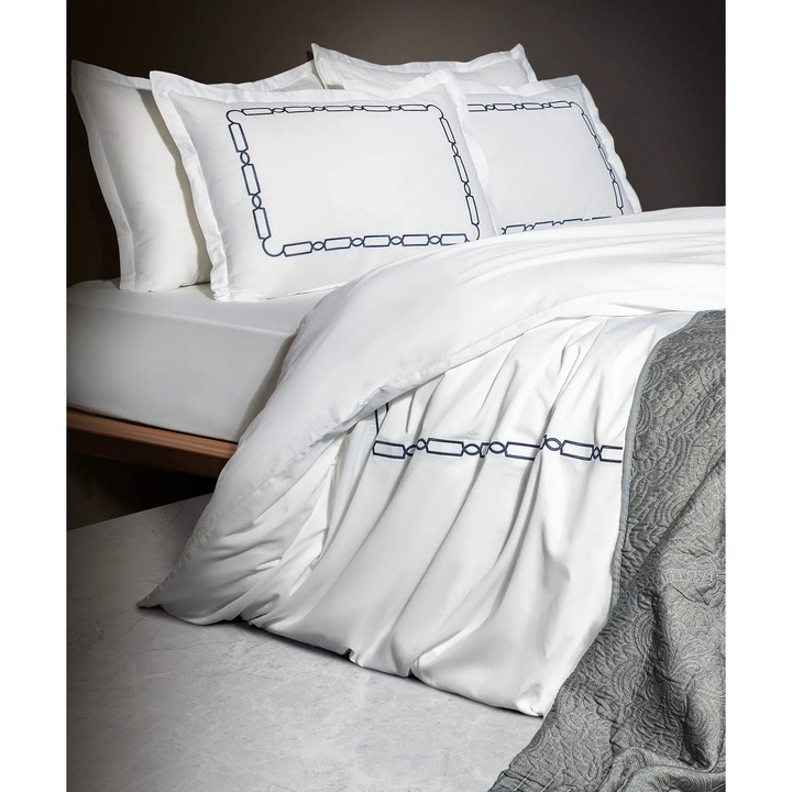 Set lenjerie de pat dubla, Madame Coco, Yacht Collection, satin, albastru marin, 200x220cm, 240x260cm, 4 fete de perna 50x70cm