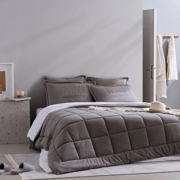 Set cearceafuri King Size Madame Coco, bumbac, antracit, 215x235cm, cu elastic, 1 cearceaf, 2 fete de perna