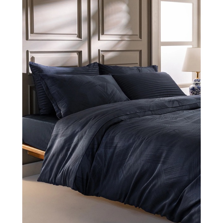 King Size ágyneműhuzat-garnitúra, Madame Coco, Jacquard szatén, sötétkék, 240x220cm, 260x280cm, 4 párnahuzat