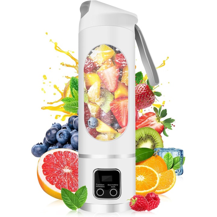 Prémium turmixgép, hordozható, USB-n újratölthető, smoothie-khoz és shake-ekhez, 12 rozsdamentes acél penge (450 ml), fogantyú, otthonra, irodába, edzőterembe vagy utazáshoz