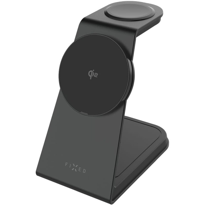 Induktív töltő Fixed MagPowerstation Alu 2, 3in1 Qi2 15W kompatibilis iPhone magnet / Apple Watch / AirPods, fekete