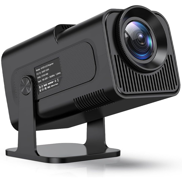 Videoproiector mini 4K, 12000 lumeni, 500 ANSI, Wi-Fi 6, Bluetooth, cu rezolutie FullHD, conexiune HDMI, USB si Mirroring Android/IOS, cu difuzor integrat, rotatie 180 grade, cu telecomanda, negru