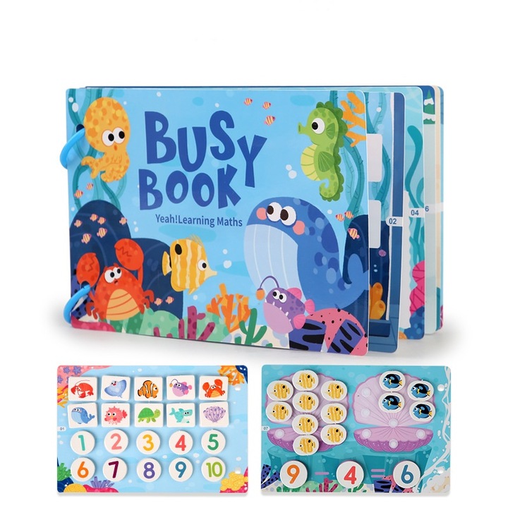 Carte educativa cu stickere, Busy Book, model cu Numarul oceanelor, Dicollas®, 10 pagini