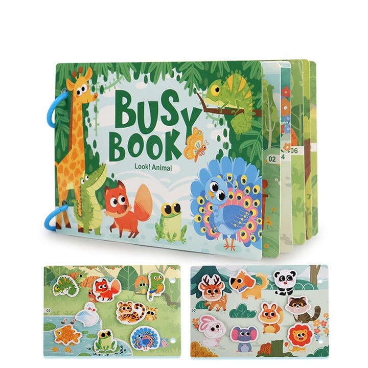 Carte educativa cu stickere, Busy Book, model cu Animalele din padure, Dicollas®, 10 pagini