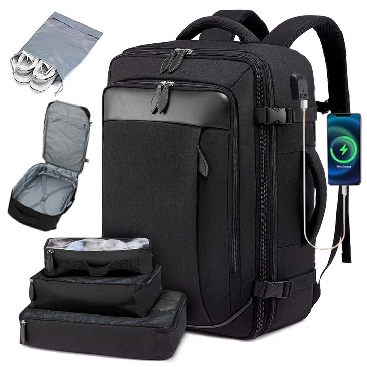 Раница за пътуване за мъже/жени, трансформираща се в багаж, слот за 17-инчов лаптоп, USB порт, водоустойчива, устойчива на износване, устойчива на надраскване, разширяема 36-55L, подходяща за носене на багаж, черна