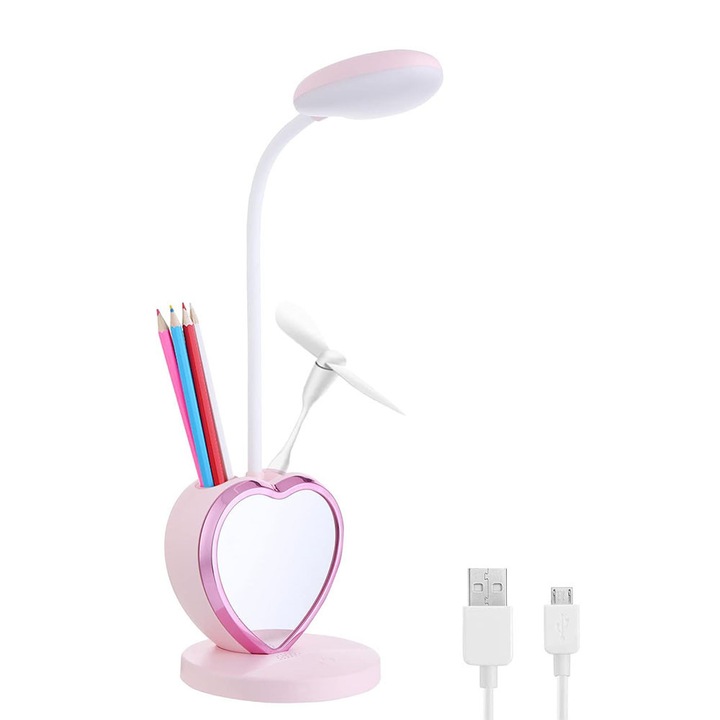 Többfunkciós LED asztali lámpa, ZJZ, aranyos szív alakú, toll- és telefontartóval, USB ventilátorral, 3 fokozatú hideg/meleg fényerő-szabályozással, 360°-ban hajlítható nyakkal, szemvédelemmel, érintésvezérléssel, USB töltéssel, rózsaszín