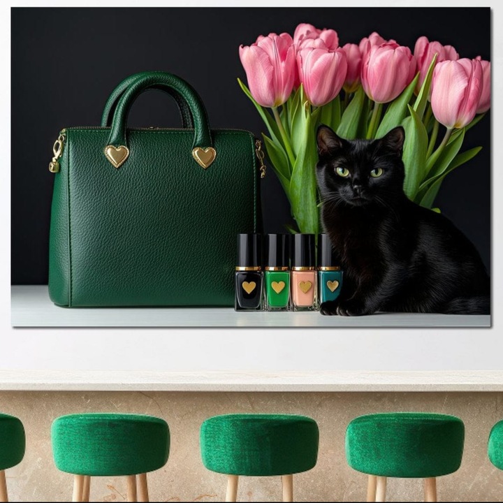 Tablou Canvas Premium, LuxCanva® M1205, Felina in Vitrina, 80 X 120 CM, Panza Bumbac 100% 400g/m2, Sasiu Lemn, Pisica, Poseta, Flori, Lalele, Buchet, Felina, Lux, Fashion, Beauty, Feminin, Accesorii, Glam, Birou, Living, Camera Copil