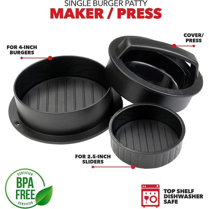 Presa pentru burgeri, aparat de hamburgeri, burgeri umpluti, mini glisoare, kit de presa antiaderenta Exultimate, Storcator Polipropilena Carne