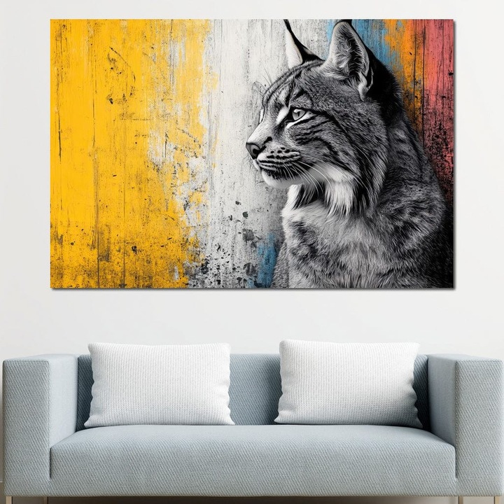 Премиум картина върху платно, LuxCanva® M1206, Guardian of Colors, 80 X 120 CM, 100% памучно платно 400g/m2, дървена рамка, котка, дива, обръсната, градска, стена, контраст, модерна, козина, реалистична, графити, текстура, офис, хол, детска стая