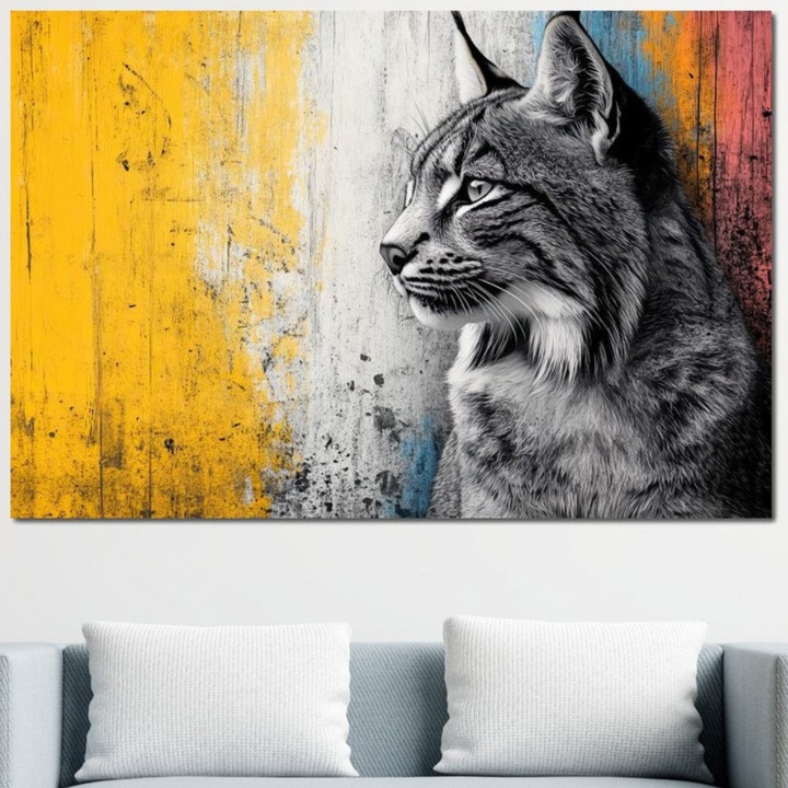 Картина върху платно, LuxCanva M1206, Guardian of Colors, 100 X 150 CM, 100% памучно платно 400g/m2, дървена рамка, котка, дива, обръсната, градска, стена, контраст, модерна, козина, реалистична, графити, текстура, офис, хол, детска стая