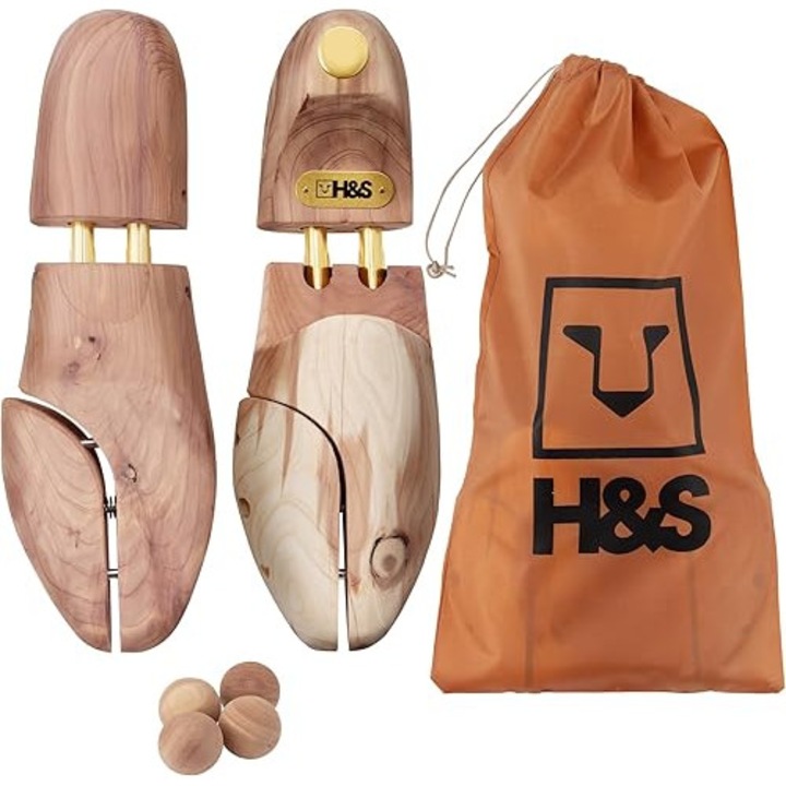 Set 2 Sanuri pentru Lungit si Alungit pantofii, H&S, unisex, pentru toate tipurile de pantofi, marimea 43/44, din lemn, elimina mirosurile si umezeala, husa de depozitare, Maro