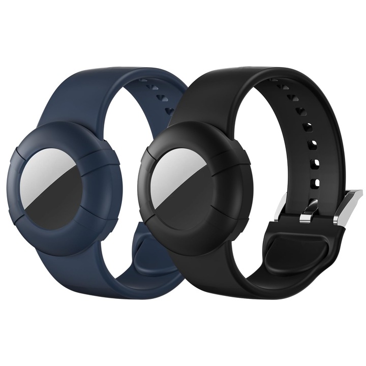 Set 2 bratari pentru Apple AirTag, pentru adulti, silicon, rezistenta impact si apa, Vanaxalife®, Negru/ Albastru