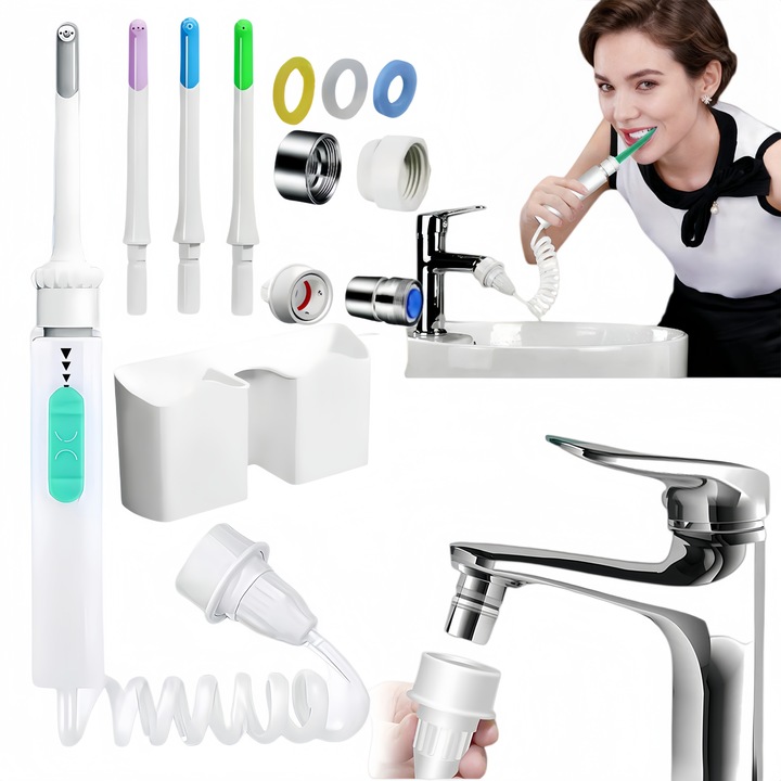 Set Irigator Oral pentru dus bucal, Reutilizare cu legare direct la bateria chiuvetei din baie, 4 capete interschimbabile, Potrivit pentru o familie, reglare debit de apa, pentru adulti si copii