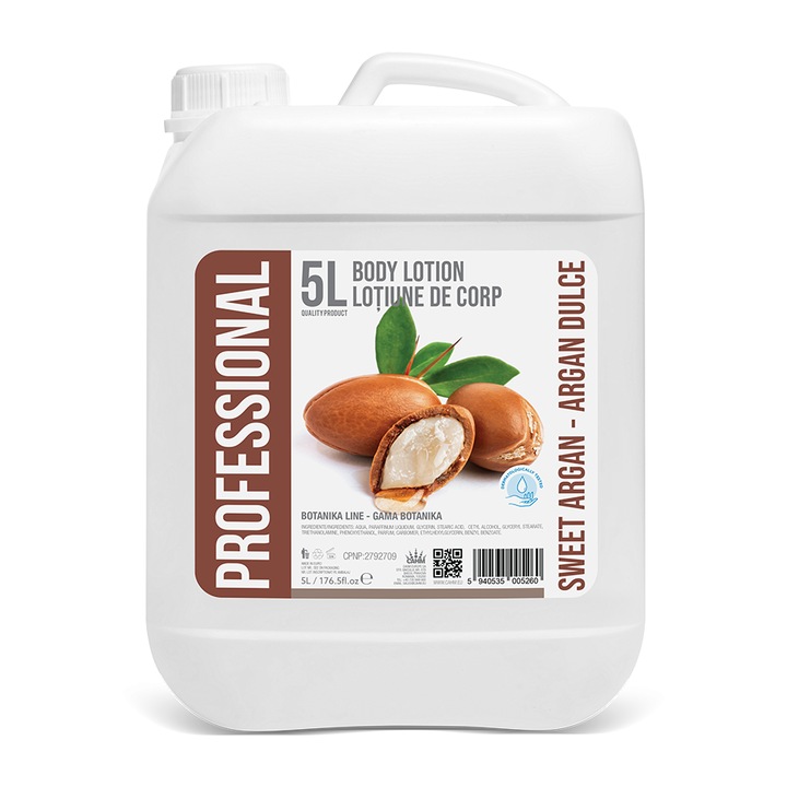 Crema de Corp, BOTANIKA, 5L, Aroma Argan Dulce, Textura Hidratanta si Rápida Absorbtie, Potrivita Pentru Toate Tipurile de Piele, Ideala Pentru Spitale, Hoteluri, Centre SPA Sau Uz Profesional, Ambalaj Economic Pentru Reumplere, Alb