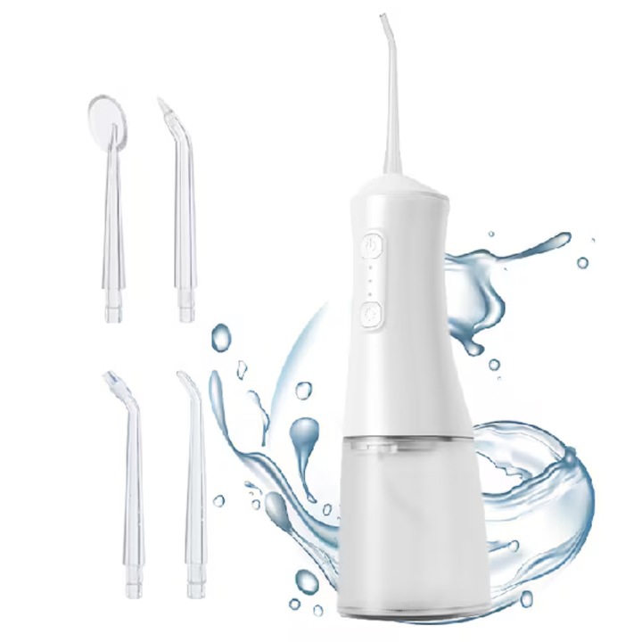 Irigator Bucal tip Dus Bucal Portabil, Presiune dus 1400 pulsatii/min,3 Programe, Rezervor 280ml,4 Duze incluse, Protectie supraincalzire, Materiale non-toxice, Alb