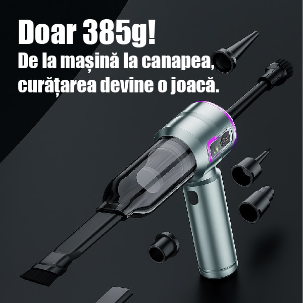 Aspirator de mana,3 in 1 Portabil Aspirare/Suflare/Sigilare, tehnologie fara perii,16000pa,80000RPM,3 viteze,10 accesorii, baterie 3x2000Mah, Autonomie 20 min, Curatare Uscata a Prafului si Murdariei, uz rezidential/auto/office, Silver