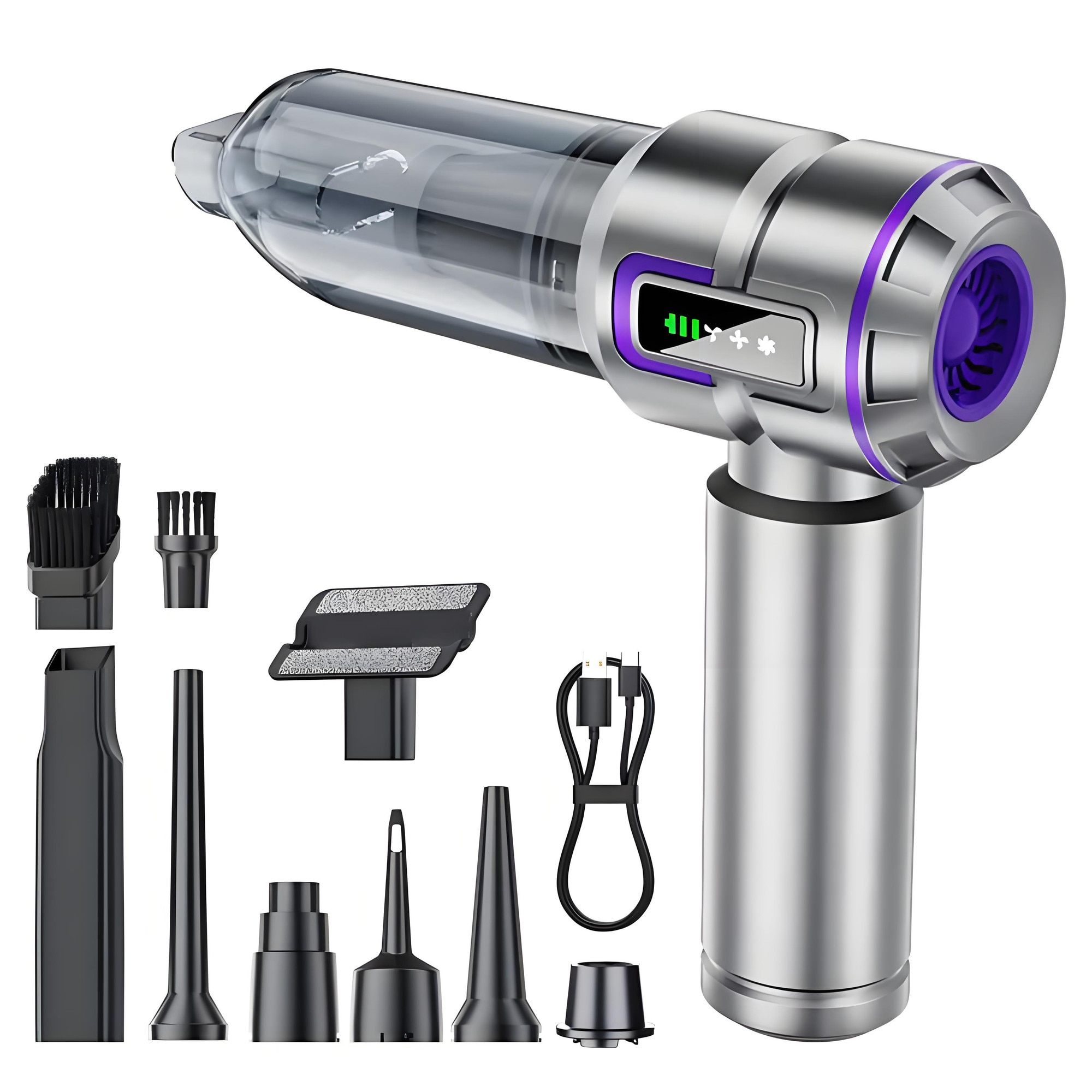 Aspirator de mana,3 in 1 Portabil Aspirare/Suflare/Sigilare, tehnologie fara perii,16000pa,80000RPM,3 viteze,10 accesorii, baterie 3x2000Mah, Autonomie 20 min, Curatare Uscata a Prafului si Murdariei, uz rezidential/auto/office, Silver
