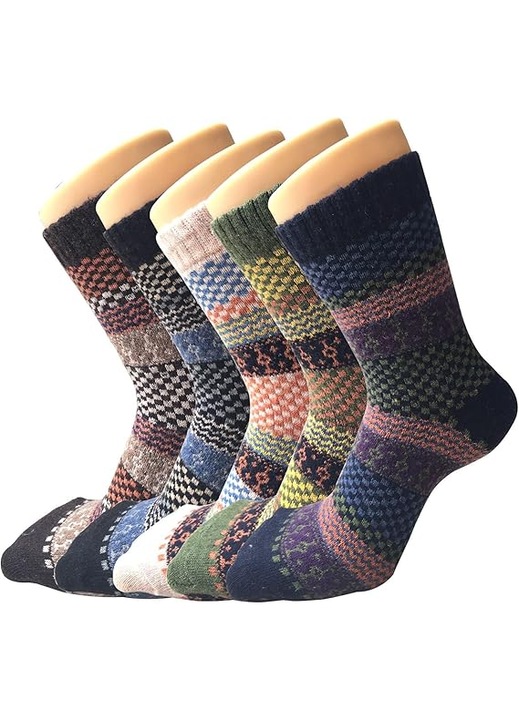 Set 5 Sosete de Lana pentru Femei, Cadouri pentru Umplut Sosetei - Pentru Femei si Barbati, Tricotate, Calde, Pufoase, Peste Glezna, pentru Iarna si Drumetii-Negru