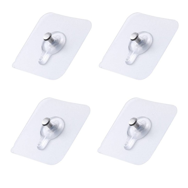 Set 4 carlige tablouri, Plastic, Transparent, Fara gauri, Carlig adeziv puternic, fara urme, Potrivit pentru bucatarie, baie, casa, birou