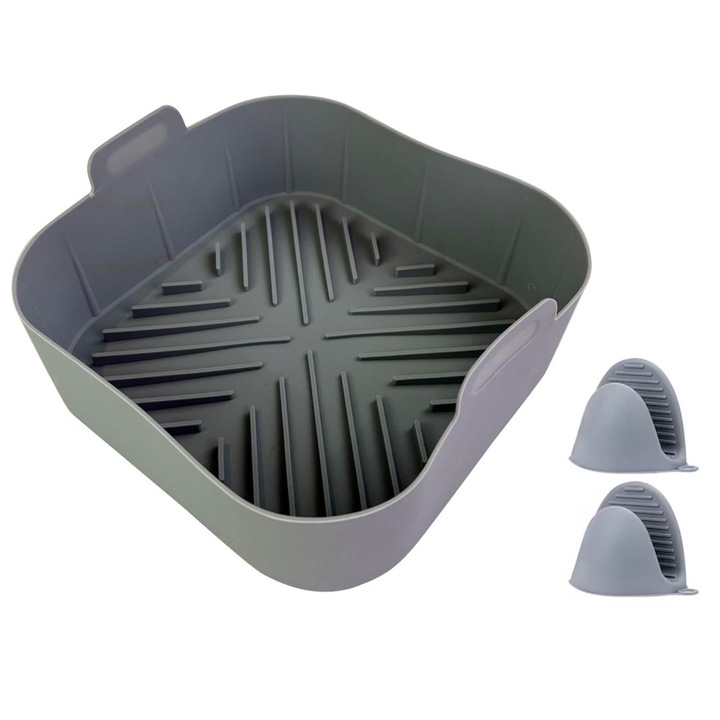 Комплект от 3 аксесоара за фритюрник с горещ въздух, силиконова тава и защитни ръкавици, 21*21*7 см, Сив, Подходящ за печене и пържене у дома и на партита на открито